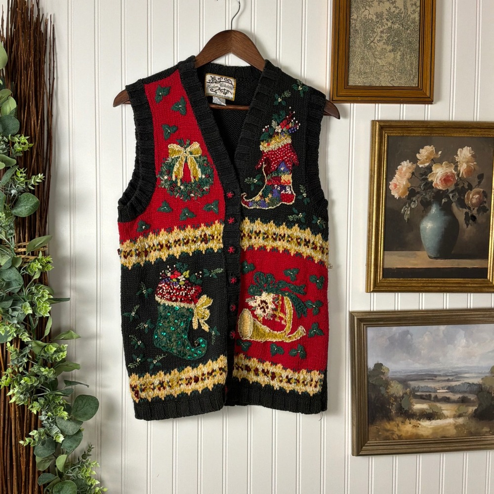 Heirloom Collectibles Sweater Vest Medium Black Excellent Christmas Stocking